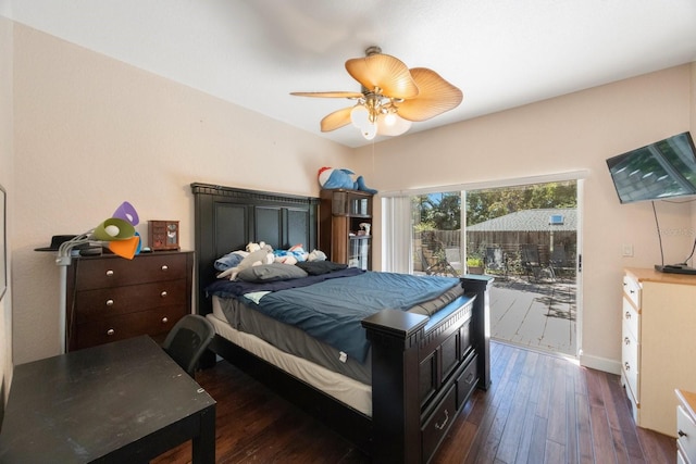 bedroom with access to outside, dark hardwood / wood-style floors, and ceiling fan