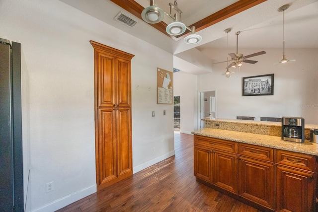 kitchen with vaulted ceiling, dark hardwood / wood-style floors, hanging light fixtures, ceiling fan, and light stone countertops