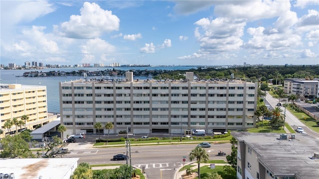 view of building exterior with a water view