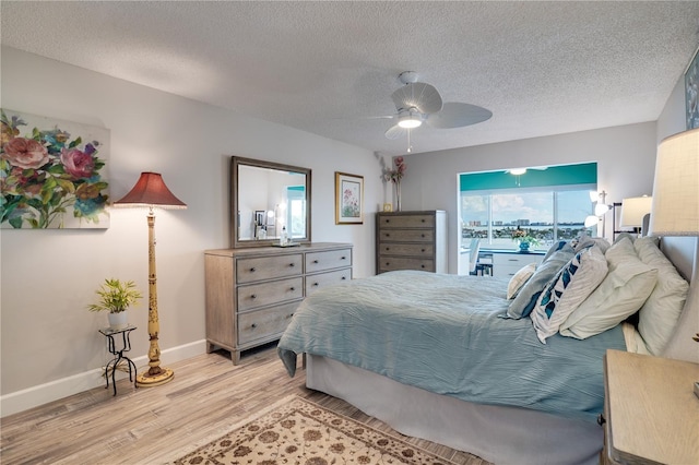 bedroom with access to outside, ceiling fan, a textured ceiling, and light hardwood / wood-style floors