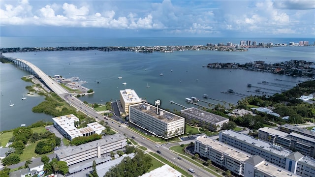 drone / aerial view with a water view