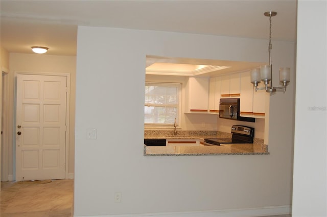 kitchen featuring sink, crown molding, stainless steel range with electric stovetop, light stone counters, and white cabinets