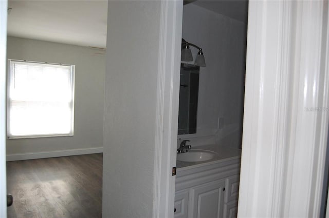 bathroom featuring vanity and wood-type flooring