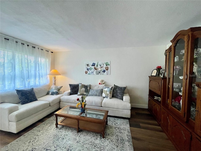 living room featuring dark wood-type flooring and a textured ceiling