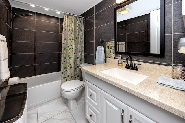 full bathroom featuring toilet, vanity, shower / tub combo with curtain, tile walls, and tile patterned floors