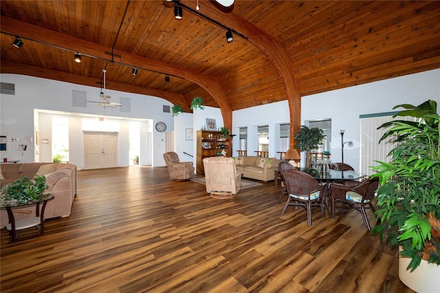 living room with hardwood / wood-style floors, wood ceiling, high vaulted ceiling, and ceiling fan