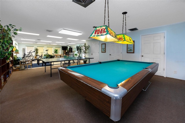 game room featuring carpet, a textured ceiling, and billiards