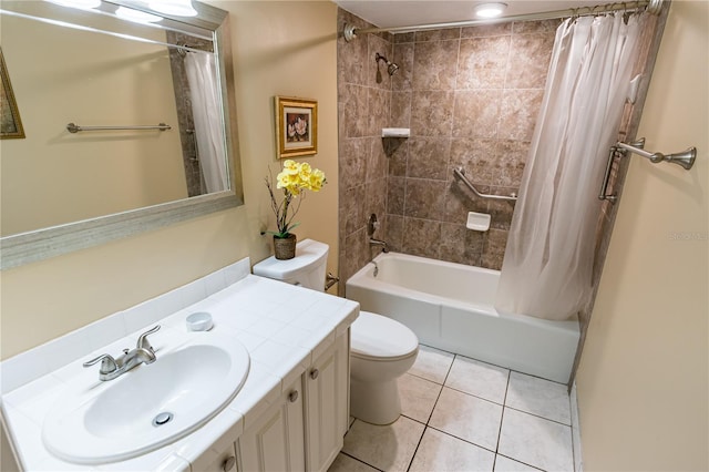 full bathroom with tile patterned floors, toilet, shower / bath combo with shower curtain, and vanity