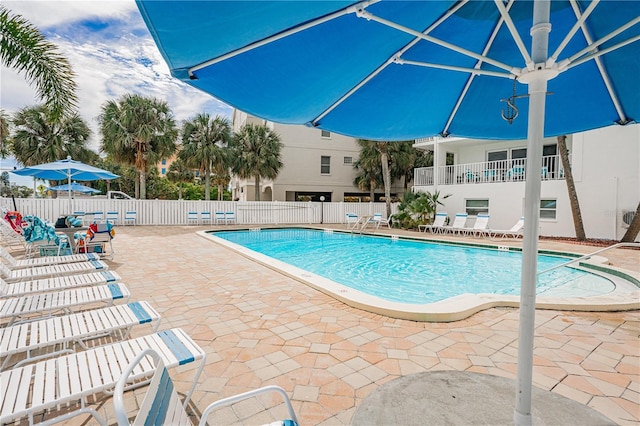 view of swimming pool featuring a patio area