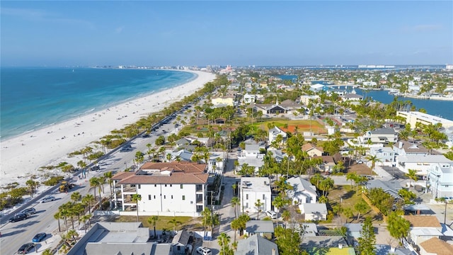 aerial view featuring a water view and a view of the beach