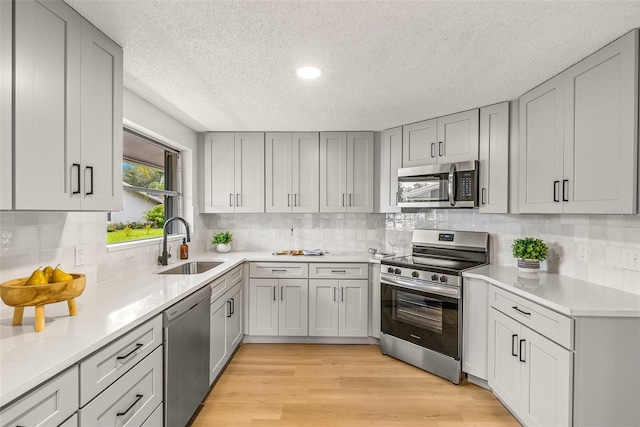 kitchen featuring appliances with stainless steel finishes, gray cabinetry, decorative backsplash, a textured ceiling, and sink