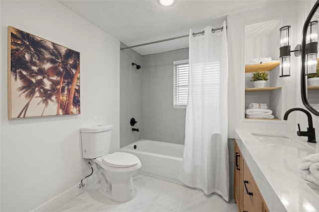 full bathroom featuring a textured ceiling, toilet, shower / bathtub combination with curtain, and vanity