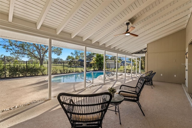 view of pool featuring ceiling fan and a patio area