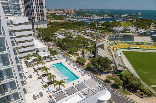 drone / aerial view featuring a water view