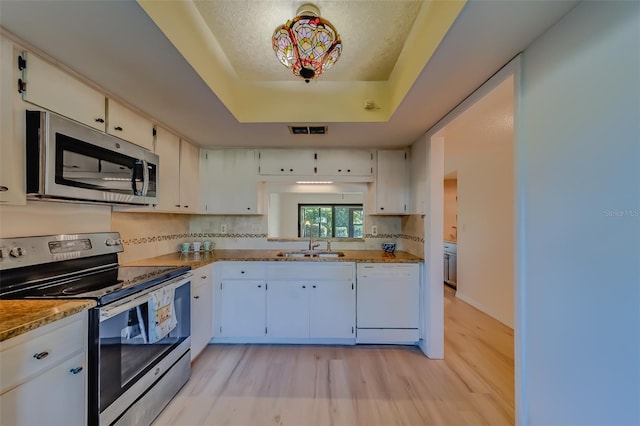 kitchen with light hardwood / wood-style flooring, tasteful backsplash, white cabinets, a tray ceiling, and stainless steel appliances