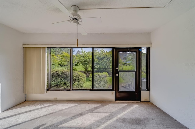 unfurnished room with carpet, ceiling fan, and a healthy amount of sunlight