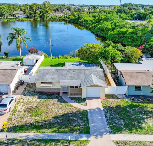 drone / aerial view featuring a water view