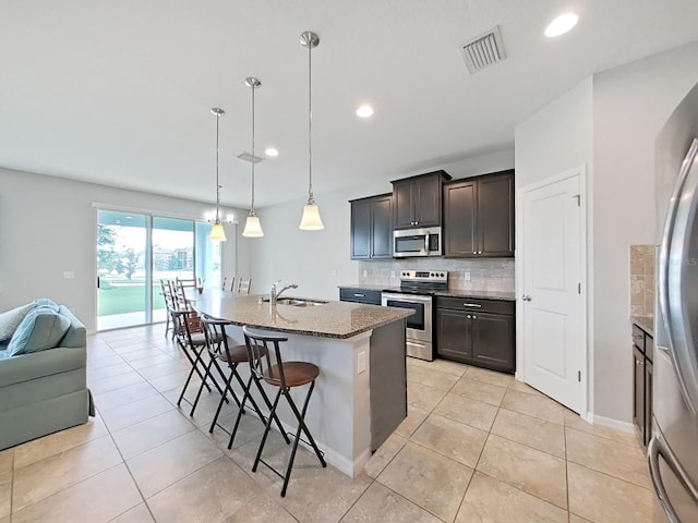 kitchen with backsplash, appliances with stainless steel finishes, decorative light fixtures, a breakfast bar area, and a center island with sink