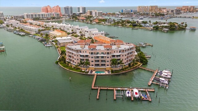 drone / aerial view featuring a water view