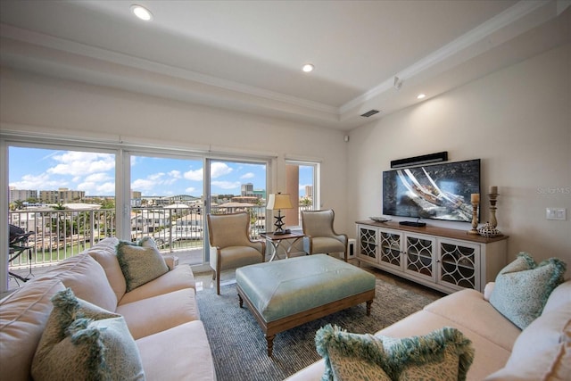 living room with crown molding