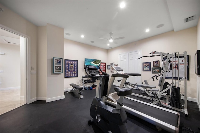 workout area with ceiling fan