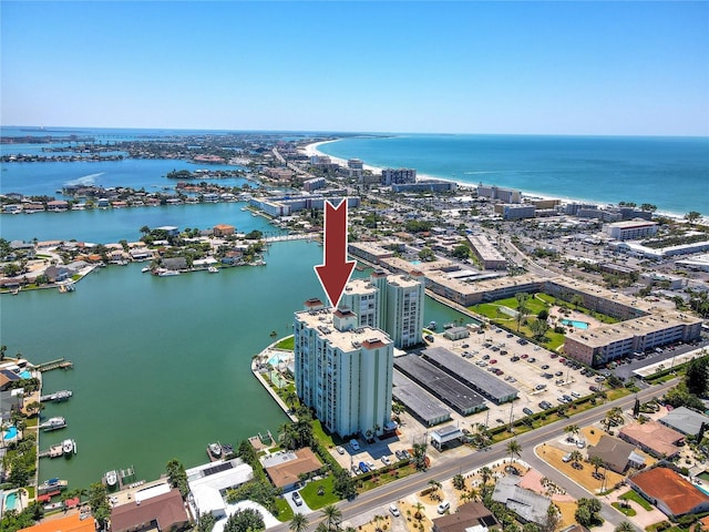 aerial view with a water view and a city view