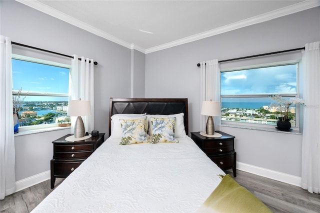 bedroom featuring a water view, dark hardwood / wood-style flooring, and ornamental molding