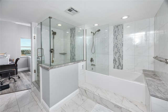 bathroom featuring a shower with shower door, visible vents, baseboards, marble finish floor, and a bathtub