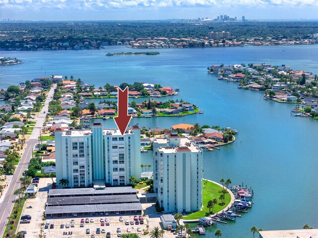 birds eye view of property featuring a water view