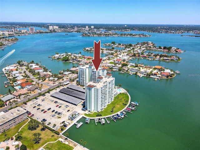 drone / aerial view featuring a water view