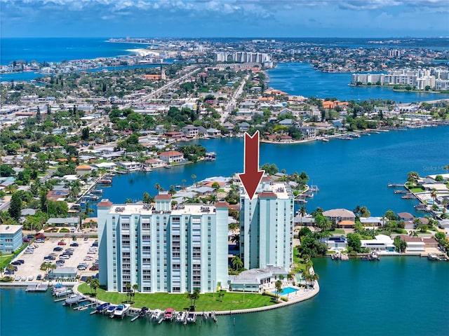 drone / aerial view with a water view and a city view