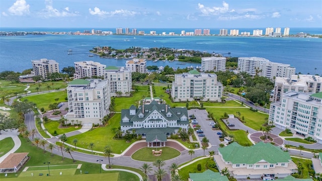 drone / aerial view with a water view