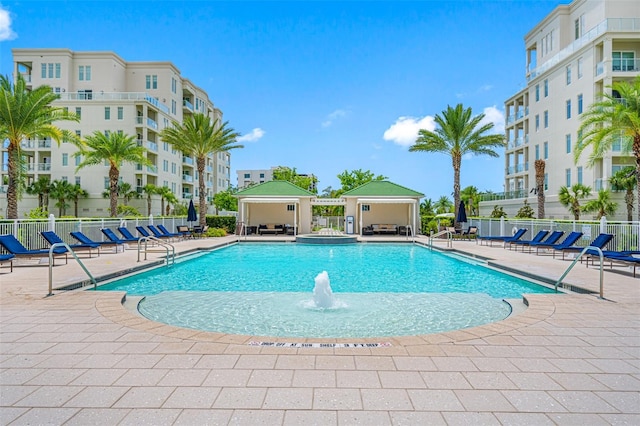 view of swimming pool featuring pool water feature and a patio