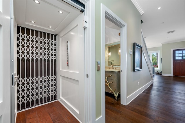 hallway with crown molding and dark hardwood / wood-style flooring