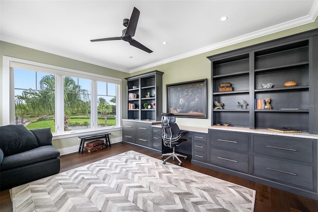6 Hibiscus Ln, Belleair, FL 33756 - office space featuring built in study area, ceiling fan, dark wood finished floors, ornamental molding, and recessed lighting