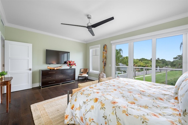 bedroom featuring ornamental molding, dark wood-type flooring, access to outside, and ceiling fan