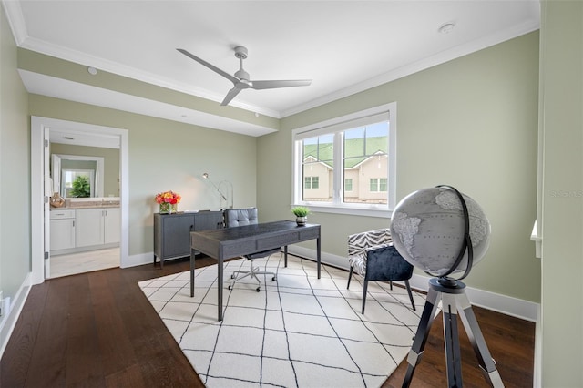 home office featuring ornamental molding, hardwood / wood-style floors, and ceiling fan