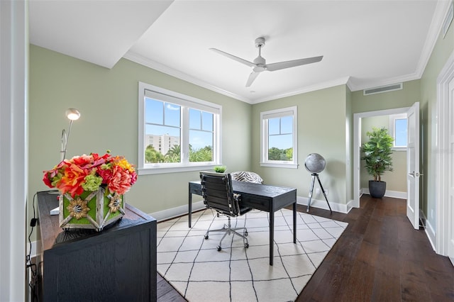 office area with hardwood / wood-style floors, crown molding, and ceiling fan