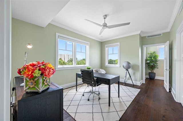 6 Hibiscus Ln, Belleair, FL 33756 - office with ceiling fan, wood finished floors, baseboards, and ornamental molding
