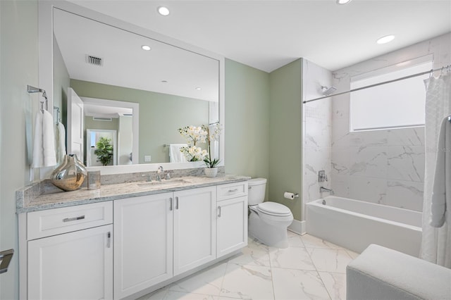 6 Hibiscus Ln, Belleair, FL 33756 - bathroom with vanity, toilet, shower / tub combo with curtain, marble finish flooring, and recessed lighting