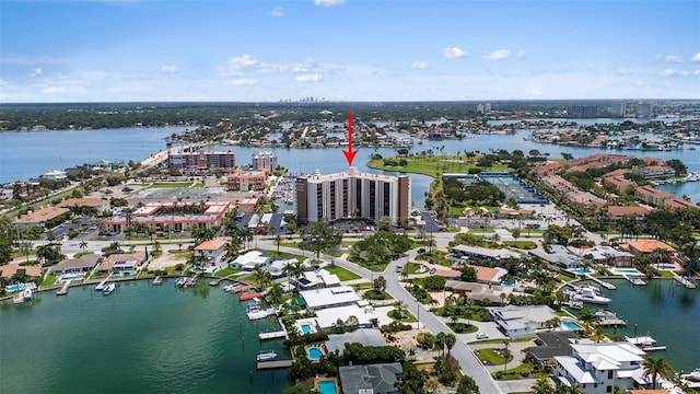 aerial view featuring a water view