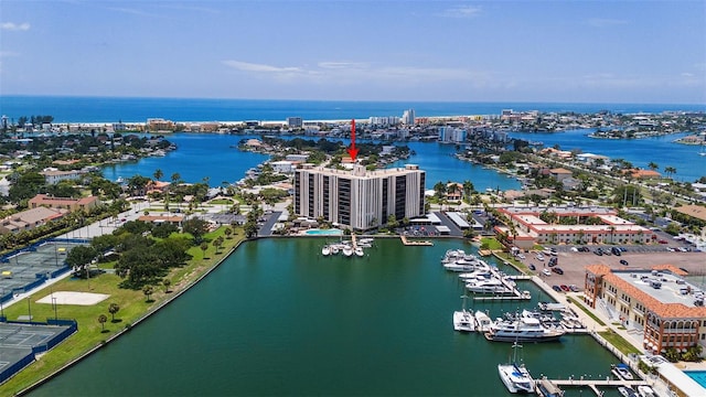 birds eye view of property featuring a water view