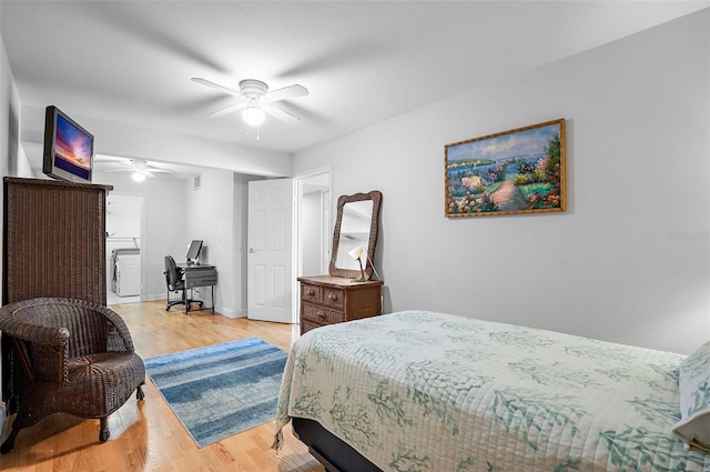 bedroom featuring ceiling fan and light wood-type flooring