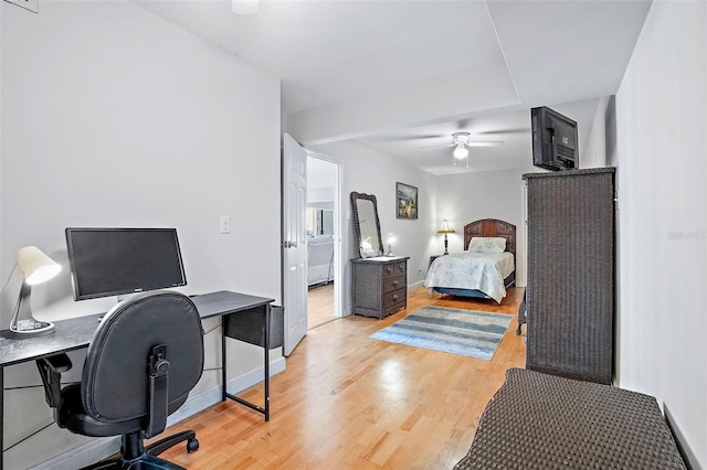 bedroom featuring ceiling fan and light wood-type flooring