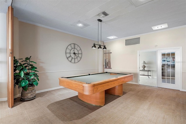 game room with ornamental molding, a textured ceiling, and pool table