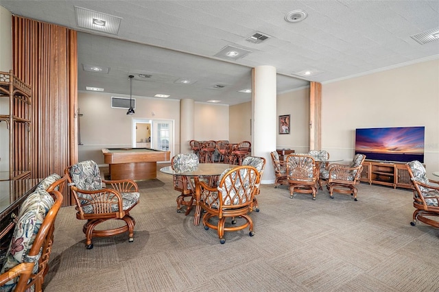 dining space featuring light carpet, french doors, crown molding, and pool table