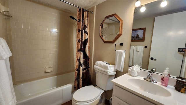 full bathroom with vanity, toilet, shower / tub combo, and a textured ceiling