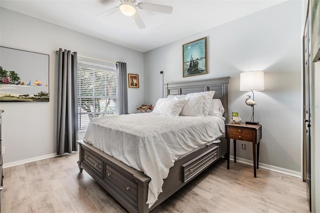 bedroom with ceiling fan and light hardwood / wood-style floors