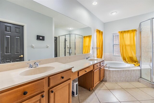 bathroom with vanity, separate shower and tub, and tile patterned floors