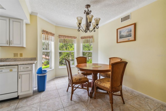 dining area with ornamental molding, a textured ceiling, and a chandelier